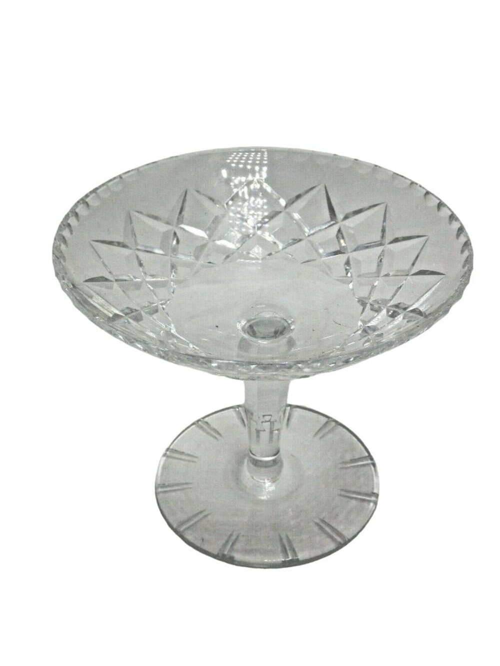 Crystal Pedestal Compote Candy Dish Diamond Cut Pattern Scalloped Edge